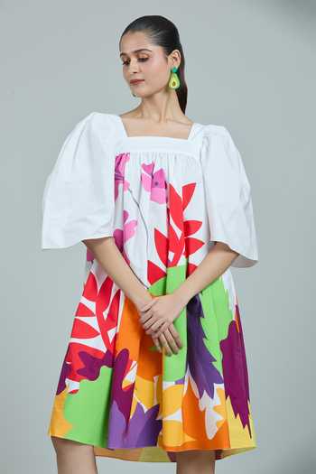 Buy_Studio Moda India_White Cotton Square Neck The Russet Leaf Print Dress_Online_at_Aza_Fashions