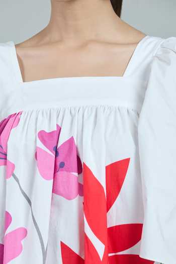 Studio Moda India_White Cotton Square Neck The Russet Leaf Print Dress_at_Aza_Fashions