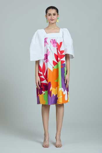 Buy_Studio Moda India_White Cotton Square Neck The Russet Leaf Print Dress