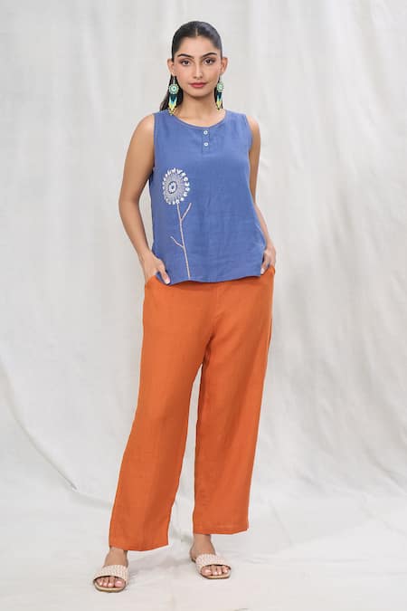 Gulabo by Abu Sandeep Orange Linen Solid Straight Pant 