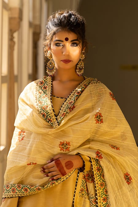 The Home Affair Beige Cotton, Silk, Chanderi Embroidery Mughal Placement Print Kurta Gharara Set Online at Aza Fashions The Home Affair_Beige Cotton, Silk, Chanderi Embroidery Mughal Placement Print Kurta Gharara Set _Online_at_Aza_Fashions