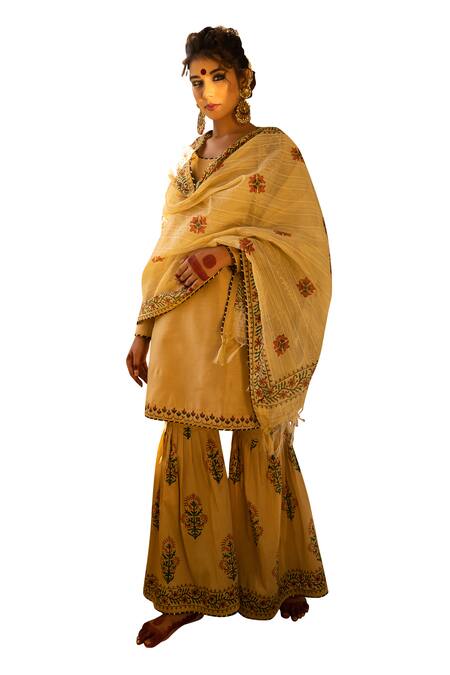 Buy The Home Affair Beige Cotton, Silk, Chanderi Embroidery Mughal Placement Print Kurta Gharara Set Online at Aza Fashions Buy_The Home Affair_Beige Cotton, Silk, Chanderi Embroidery Mughal Placement Print Kurta Gharara Set _Online_at_Aza_Fashions