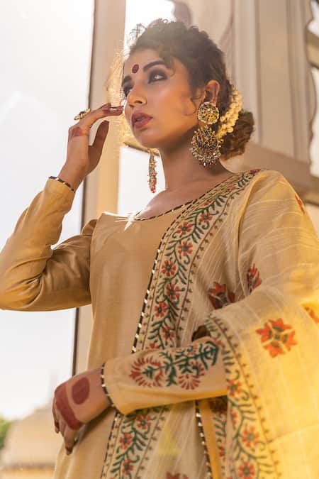 The Home Affair Beige Cotton, Silk, Chanderi Embroidery Mughal Placement Print Kurta Gharara Set at Aza Fashions The Home Affair_Beige Cotton, Silk, Chanderi Embroidery Mughal Placement Print Kurta Gharara Set _at_Aza_Fashions
