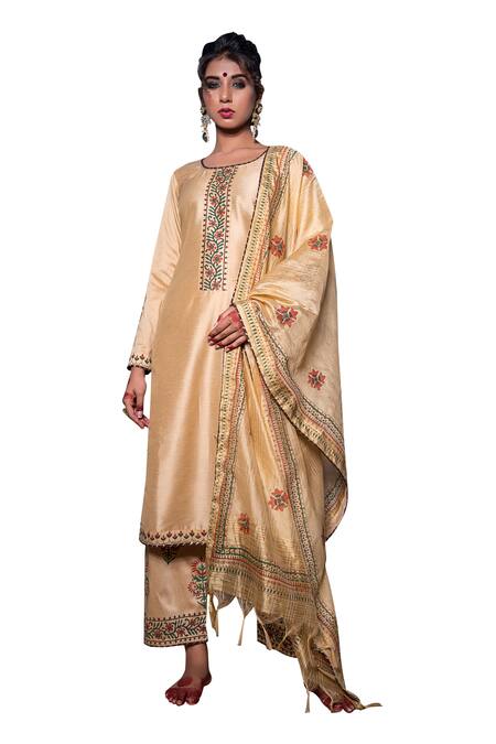 Shop The Home Affair Beige Cotton, Silk, Chanderi Tassels, Mughal Placement Print Kurta Pant Set Online at Aza Fashions Shop_The Home Affair_Beige Cotton, Silk, Chanderi Tassels, Mughal Placement Print Kurta Pant Set _Online_at_Aza_Fashions
