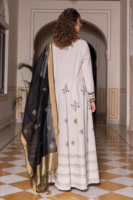 Shop The Home Affair Black Cotton Embroidery Round Neck Floral Morrocan Print Slit Anrakali Pant Set at Aza Fashions Shop_The Home Affair_Black Cotton Embroidery Round Neck Floral Morrocan Print Slit Anrakali Pant Set _at_Aza_Fashions