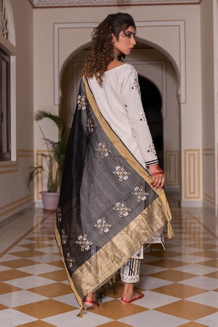 Shop The Home Affair Black Cotton Embroidery, Tassels Split Floral Morrocan Print Kurta Pant Set at Aza Fashions Shop_The Home Affair_Black Cotton Embroidery, Tassels Split Floral Morrocan Print Kurta Pant Set _at_Aza_Fashions