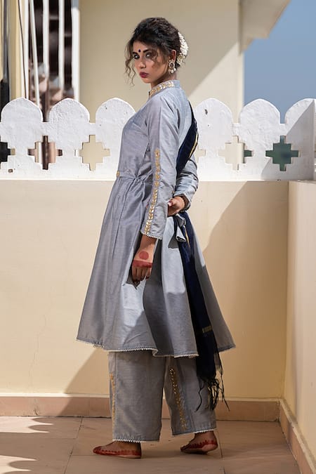 Shop The Home Affair Grey Cotton, Silk, Chanderi Gota Patti, Plain Anarakali Set With Pant at Aza Fashions Shop_The Home Affair_Grey Cotton, Silk, Chanderi Gota Patti, Plain Anarakali Set With Pant _at_Aza_Fashions