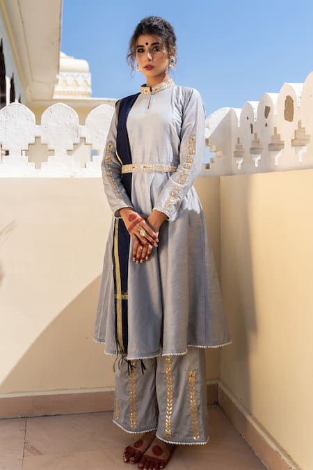 The Home Affair Grey Cotton, Silk, Chanderi Gota Patti, Plain Anarakali Set With Pant Online at Aza Fashions The Home Affair_Grey Cotton, Silk, Chanderi Gota Patti, Plain Anarakali Set With Pant _Online_at_Aza_Fashions