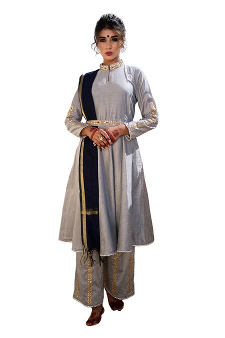 Buy The Home Affair Grey Cotton, Silk, Chanderi Gota Patti, Plain Anarakali Set With Pant Online at Aza Fashions Buy_The Home Affair_Grey Cotton, Silk, Chanderi Gota Patti, Plain Anarakali Set With Pant _Online_at_Aza_Fashions