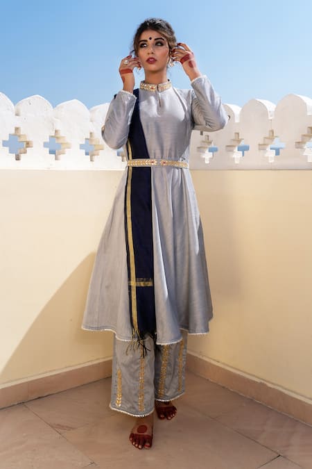 Shop The Home Affair Grey Cotton, Silk, Chanderi Gota Patti, Plain Anarakali Set With Pant Online at Aza Fashions Shop_The Home Affair_Grey Cotton, Silk, Chanderi Gota Patti, Plain Anarakali Set With Pant _Online_at_Aza_Fashions