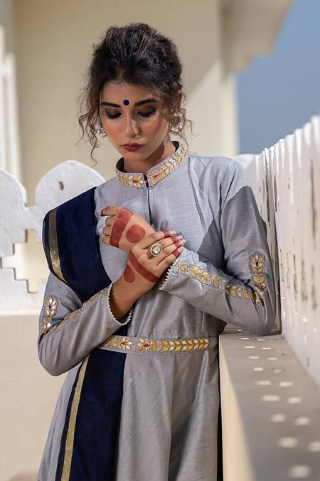 Buy The Home Affair Grey Cotton, Silk, Chanderi Gota Patti, Plain Anarakali Set With Pant Buy_The Home Affair_Grey Cotton, Silk, Chanderi Gota Patti, Plain Anarakali Set With Pant