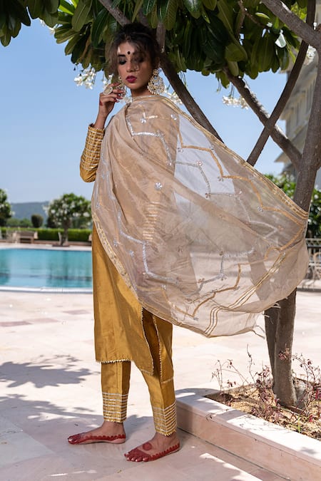 Shop The Home Affair Yellow Cotton, Silk, Chanderi Gota Plain Kurta Set With Embroidered Dupatta at Aza Fashions Shop_The Home Affair_Yellow Cotton, Silk, Chanderi Gota Plain Kurta Set With Embroidered Dupatta _at_Aza_Fashions