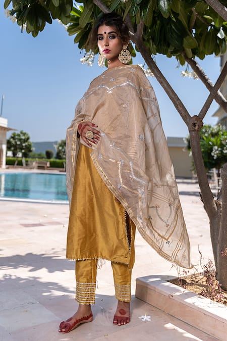 Shop The Home Affair Yellow Cotton, Silk, Chanderi Gota Plain Kurta Set With Embroidered Dupatta Online at Aza Fashions Shop_The Home Affair_Yellow Cotton, Silk, Chanderi Gota Plain Kurta Set With Embroidered Dupatta _Online_at_Aza_Fashions