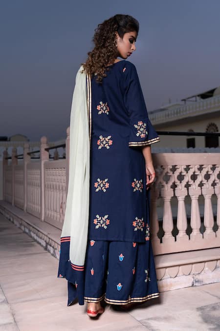 Shop_The Home Affair_Blue Cotton Embroidery Round Neck Morrocan Print Kurta Pant Set _at_Aza_Fashions