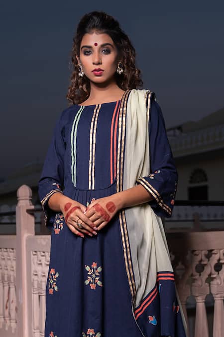 The Home Affair_Blue Cotton Embroidery Round Neck Morrocan Print Kurta Pant Set _Online_at_Aza_Fashions