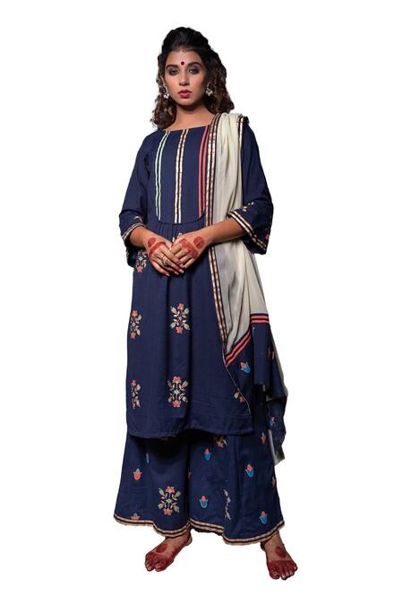 Buy_The Home Affair_Blue Cotton Embroidery Round Neck Morrocan Print Kurta Pant Set _Online_at_Aza_Fashions