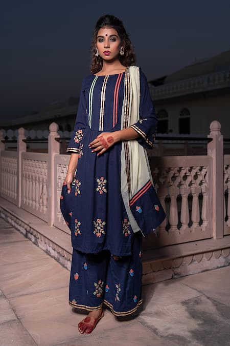 Shop_The Home Affair_Blue Cotton Embroidery Round Neck Morrocan Print Kurta Pant Set _Online_at_Aza_Fashions