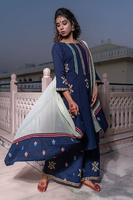 The Home Affair_Blue Cotton Embroidery Round Neck Morrocan Print Kurta Pant Set _at_Aza_Fashions
