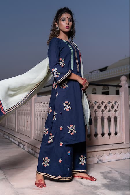 Buy_The Home Affair_Blue Cotton Embroidery Round Neck Morrocan Print Kurta Pant Set 
