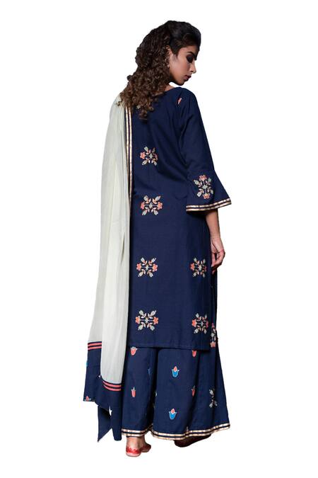 Shop_The Home Affair_Blue Cotton Embroidery Round Neck Morrocan Print Kurta Pant Set 