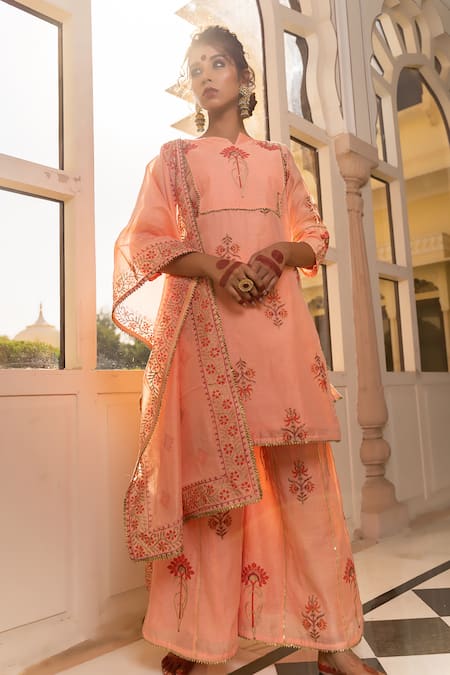 Shop The Home Affair Peach Chanderi, Cotton Embroidery, Gota Patti Block Print Kurta Sharara Set at Aza Fashions Shop_The Home Affair_Peach Chanderi, Cotton Embroidery, Gota Patti Block Print Kurta Sharara Set _at_Aza_Fashions