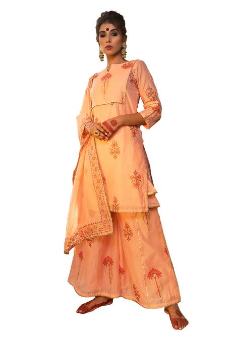 Buy The Home Affair Peach Chanderi, Cotton Embroidery, Gota Patti Block Print Kurta Sharara Set Online at Aza Fashions Buy_The Home Affair_Peach Chanderi, Cotton Embroidery, Gota Patti Block Print Kurta Sharara Set _Online_at_Aza_Fashions