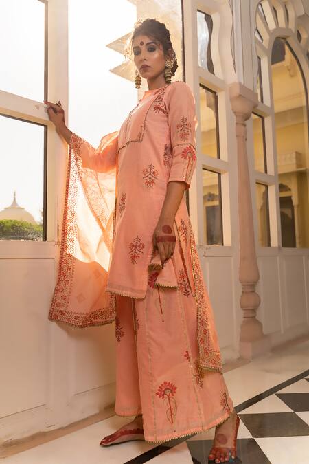 Shop The Home Affair Peach Chanderi, Cotton Embroidery, Gota Patti Block Print Kurta Sharara Set Online at Aza Fashions Shop_The Home Affair_Peach Chanderi, Cotton Embroidery, Gota Patti Block Print Kurta Sharara Set _Online_at_Aza_Fashions