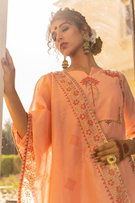 The Home Affair Peach Chanderi, Cotton Embroidery, Gota Patti Block Print Kurta Sharara Set at Aza Fashions The Home Affair_Peach Chanderi, Cotton Embroidery, Gota Patti Block Print Kurta Sharara Set _at_Aza_Fashions