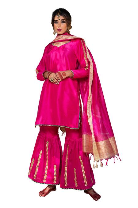 The Home Affair Pink Cotton, Silk, Chanderi Tassels, Gota Patti, Placement Kurta Gharara Set Online at Aza Fashions The Home Affair_Pink Cotton, Silk, Chanderi Tassels, Gota Patti, Placement Kurta Gharara Set _Online_at_Aza_Fashions