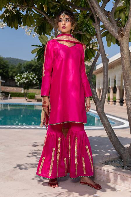 Buy The Home Affair Pink Cotton, Silk, Chanderi Tassels, Gota Patti, Placement Kurta Gharara Set Online at Aza Fashions Buy_The Home Affair_Pink Cotton, Silk, Chanderi Tassels, Gota Patti, Placement Kurta Gharara Set _Online_at_Aza_Fashions
