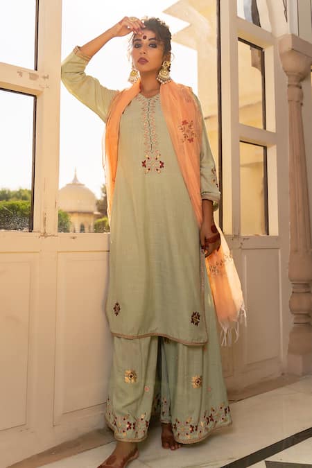 Shop The Home Affair Green Cotton, Chanderi Embroidery, Lace Floral Morrocan Print Kurta Sharara Set at Aza Fashions Shop_The Home Affair_Green Cotton, Chanderi Embroidery, Lace Floral Morrocan Print Kurta Sharara Set _at_Aza_Fashions