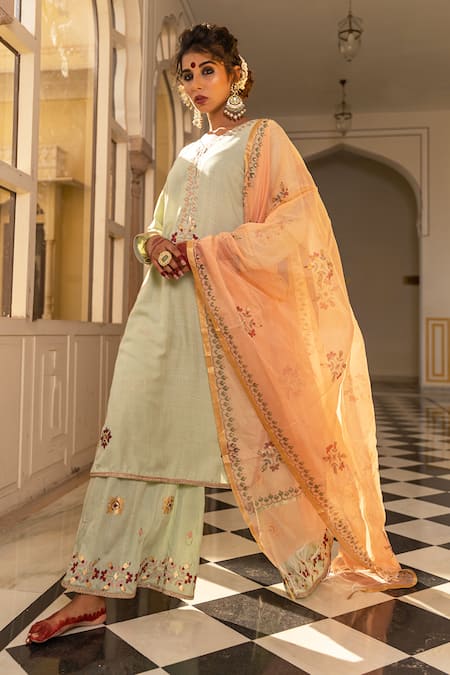 Buy The Home Affair Green Cotton, Chanderi Embroidery, Lace Floral Morrocan Print Kurta Sharara Set Online at Aza Fashions Buy_The Home Affair_Green Cotton, Chanderi Embroidery, Lace Floral Morrocan Print Kurta Sharara Set _Online_at_Aza_Fashions