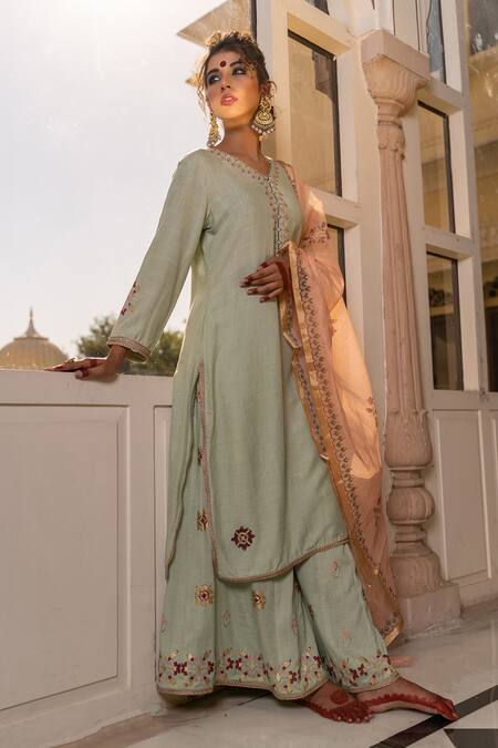 Shop The Home Affair Green Cotton, Chanderi Embroidery, Lace Floral Morrocan Print Kurta Sharara Set Online at Aza Fashions Shop_The Home Affair_Green Cotton, Chanderi Embroidery, Lace Floral Morrocan Print Kurta Sharara Set _Online_at_Aza_Fashions