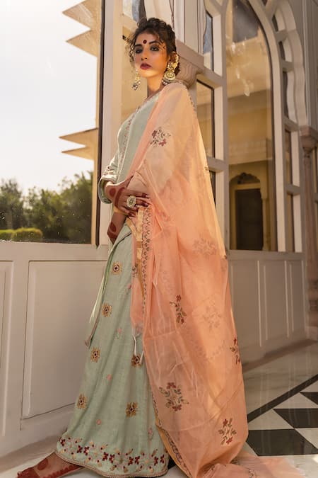 The Home Affair Green Cotton, Chanderi Embroidery, Lace Floral Morrocan Print Kurta Sharara Set at Aza Fashions The Home Affair_Green Cotton, Chanderi Embroidery, Lace Floral Morrocan Print Kurta Sharara Set _at_Aza_Fashions