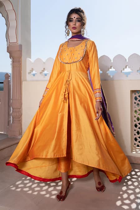 Shop The Home Affair Yellow Cotton, Silk, Chanderi Placement Embroidered Asymmetric Anarkali Pant Set at Aza Fashions Shop_The Home Affair_Yellow Cotton, Silk, Chanderi Placement Embroidered Asymmetric Anarkali Pant Set _at_Aza_Fashions