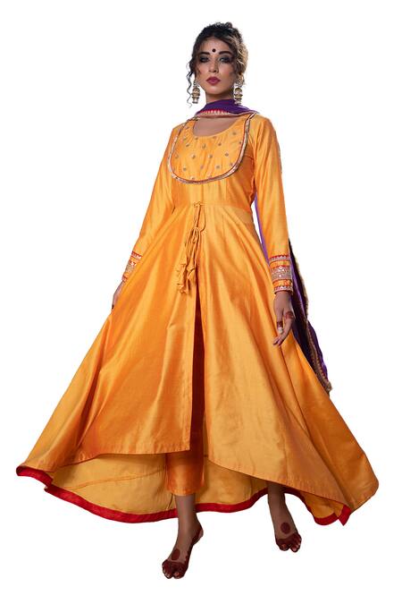 The Home Affair Yellow Cotton, Silk, Chanderi Placement Embroidered Asymmetric Anarkali Pant Set Online at Aza Fashions The Home Affair_Yellow Cotton, Silk, Chanderi Placement Embroidered Asymmetric Anarkali Pant Set _Online_at_Aza_Fashions