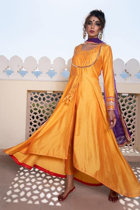 Buy The Home Affair Yellow Cotton, Silk, Chanderi Placement Embroidered Asymmetric Anarkali Pant Set Online at Aza Fashions Buy_The Home Affair_Yellow Cotton, Silk, Chanderi Placement Embroidered Asymmetric Anarkali Pant Set _Online_at_Aza_Fashions