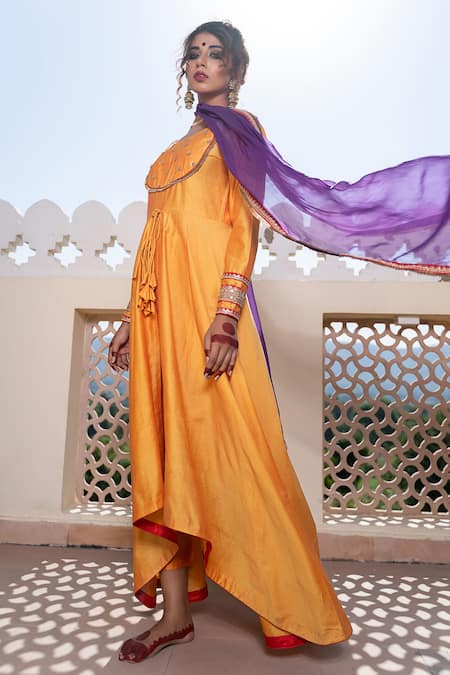 Shop The Home Affair Yellow Cotton, Silk, Chanderi Placement Embroidered Asymmetric Anarkali Pant Set Online at Aza Fashions Shop_The Home Affair_Yellow Cotton, Silk, Chanderi Placement Embroidered Asymmetric Anarkali Pant Set _Online_at_Aza_Fashions