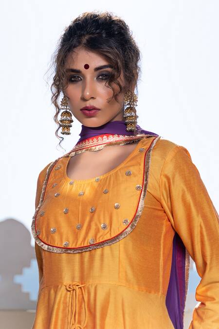 The Home Affair Yellow Cotton, Silk, Chanderi Placement Embroidered Asymmetric Anarkali Pant Set at Aza Fashions The Home Affair_Yellow Cotton, Silk, Chanderi Placement Embroidered Asymmetric Anarkali Pant Set _at_Aza_Fashions