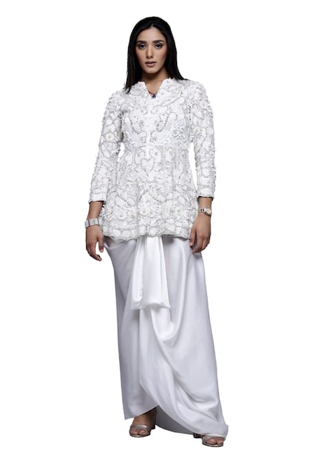 Sonali Gupta_White Silk, Viscose, Cotton Embroidery Split Peplum Top And Draped Skirt Set _Online_at_Aza_Fashions