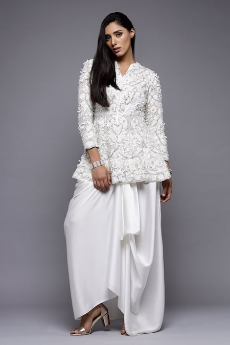 Buy_Sonali Gupta_White Silk, Viscose, Cotton Embroidery Split Peplum Top And Draped Skirt Set _Online_at_Aza_Fashions