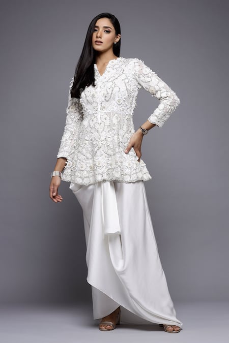 Shop_Sonali Gupta_White Silk, Viscose, Cotton Embroidery Split Peplum Top And Draped Skirt Set _Online_at_Aza_Fashions