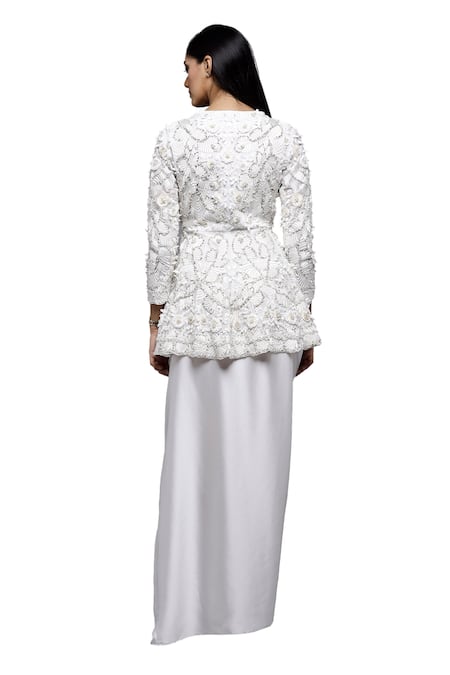 Sonali Gupta_White Silk, Viscose, Cotton Embroidery Split Peplum Top And Draped Skirt Set _at_Aza_Fashions