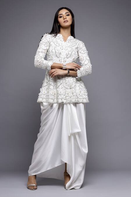 Buy_Sonali Gupta_White Silk, Viscose, Cotton Embroidery Split Peplum Top And Draped Skirt Set 