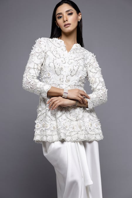 Shop_Sonali Gupta_White Silk, Viscose, Cotton Embroidery Split Peplum Top And Draped Skirt Set 