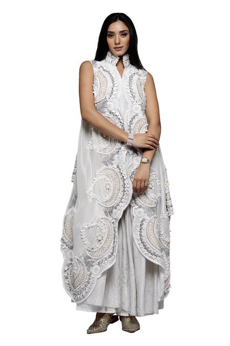 Buy_Sonali Gupta_White Silk, Viscose Embroidery Mughal Chand Cape And Gharara Set _Online_at_Aza_Fashions