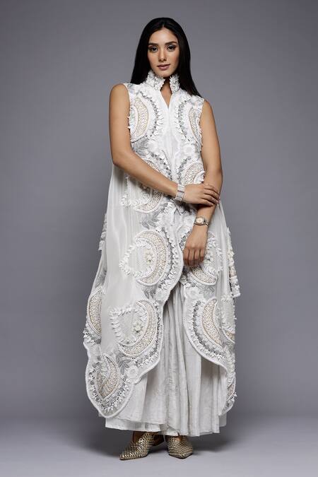 Shop_Sonali Gupta_White Silk, Viscose Embroidery Mughal Chand Cape And Gharara Set _Online_at_Aza_Fashions