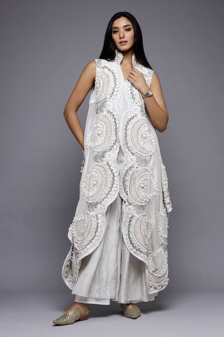 Buy_Sonali Gupta_White Silk, Viscose Embroidery Mughal Chand Cape And Gharara Set 