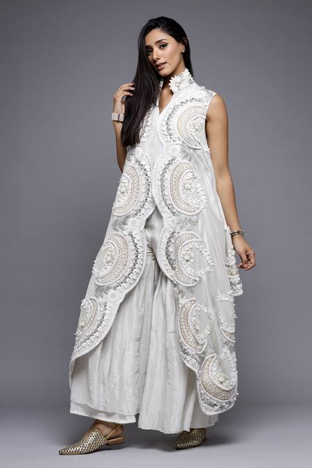 Shop_Sonali Gupta_White Silk, Viscose Embroidery Mughal Chand Cape And Gharara Set 