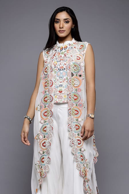Shop_Sonali Gupta_White Silk, Viscose, Cotton Embroidery Floral Cutwork Cape Sharara Set _Online_at_Aza_Fashions